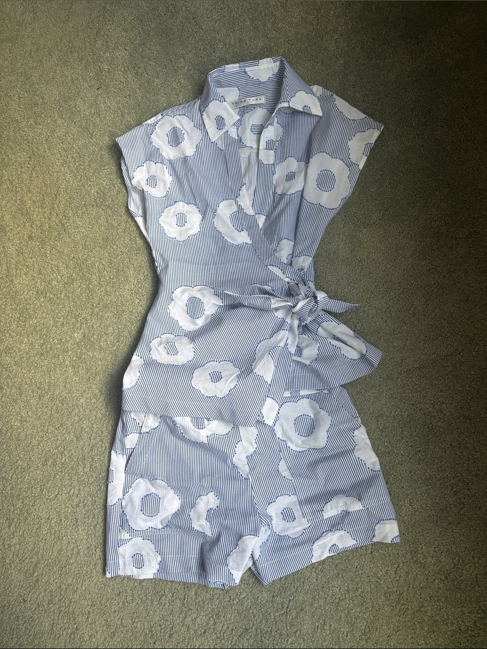 Trina Turk Light Blue & White Floral Stripe Wrap Romper